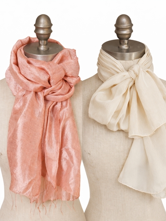 Vintage Accessories - VINTAGE Silk Scarf Bundle of Two | Blush Pink Peach Shantung + Ivory Crepe Silk